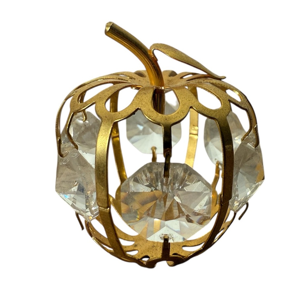 Gold Toned Crystal Apple Ornament Rhinestone Filagree Metal Lightweight Pumpkin